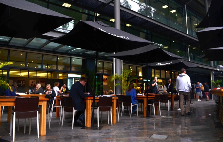 On rainy days cafe Panizzi outside the Library is a popular place for shelter and a coffee boost